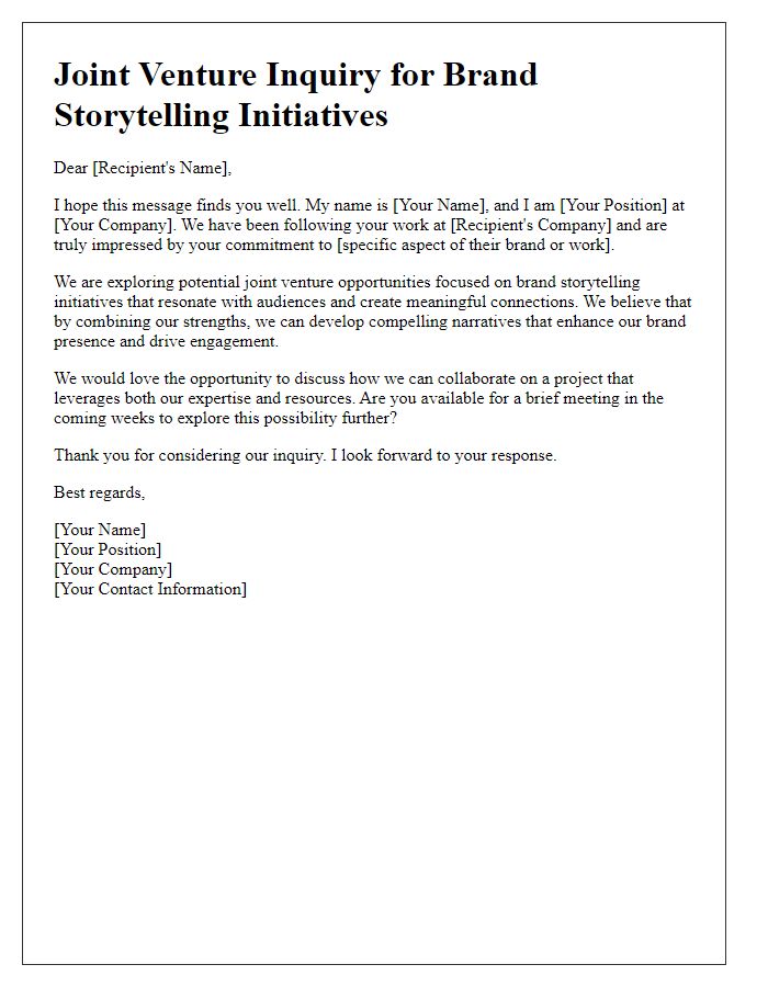 Letter template of joint venture inquiry for brand storytelling initiatives