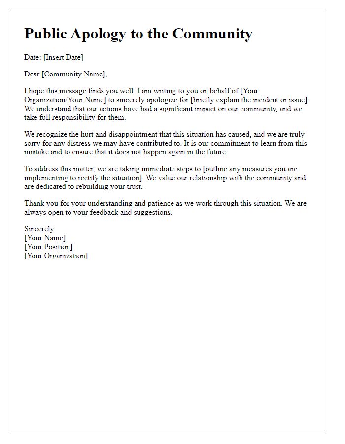 Letter template of formal public apology to community.