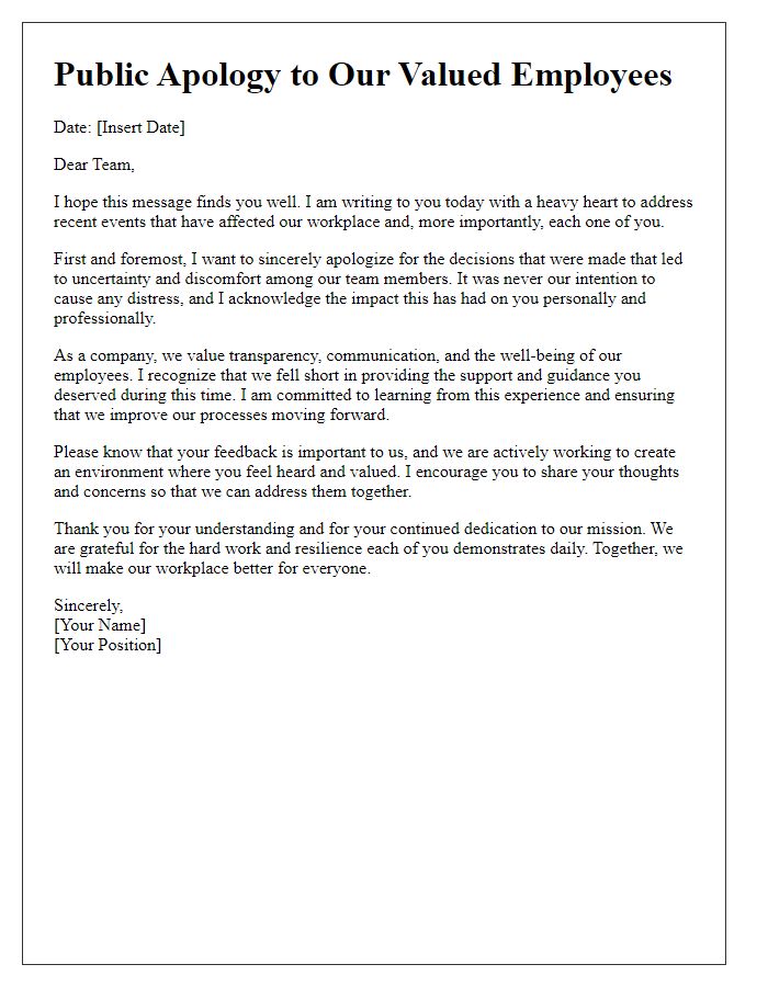 Letter template of heartfelt public apology to employees.