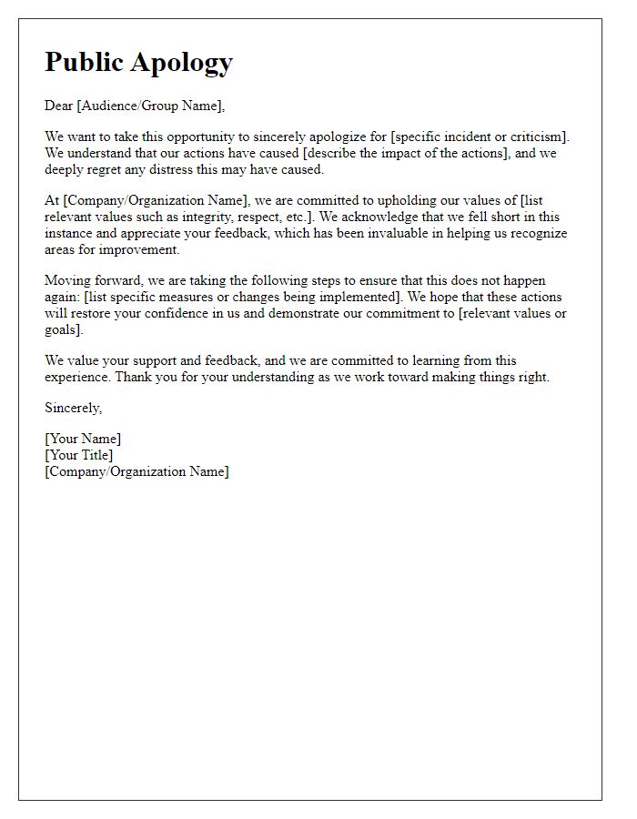 Letter template of public apology in response to criticism.