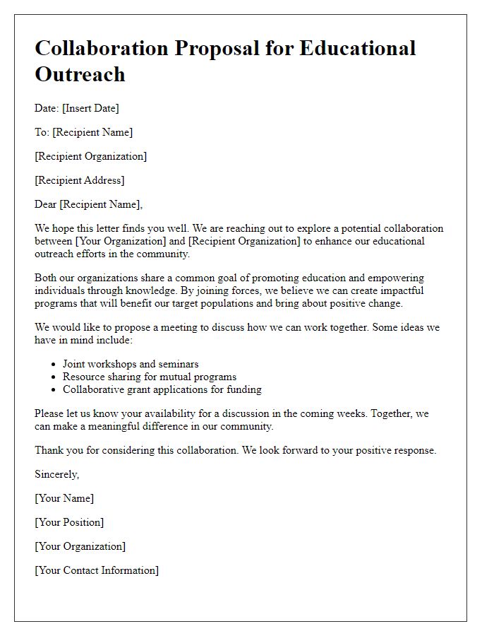 Letter template of educational outreach collaboration for non-profits