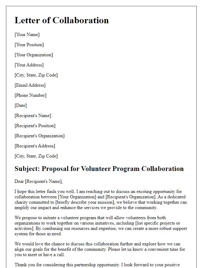 Letter template of volunteer program collaboration for charities