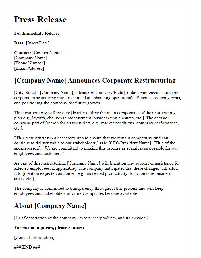 Letter template of corporate restructuring announcement for the press