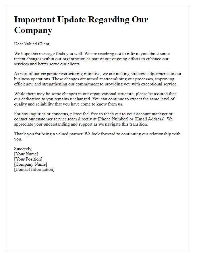 Letter template of corporate restructuring communication to clients