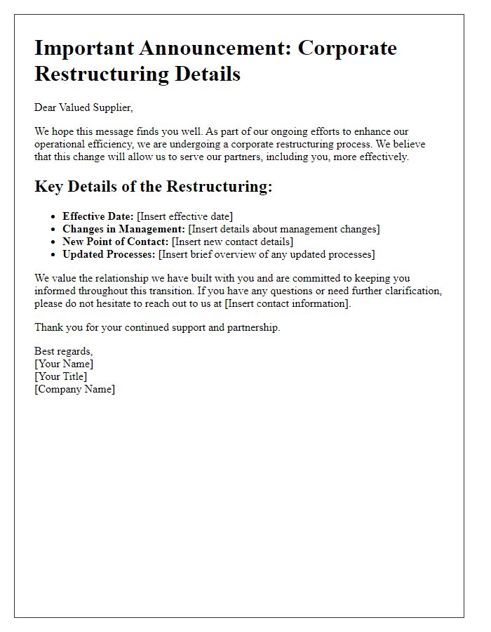 Letter template of corporate restructuring details for suppliers