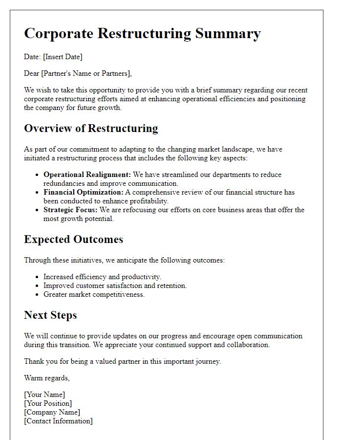 Letter template of corporate restructuring summary for partners