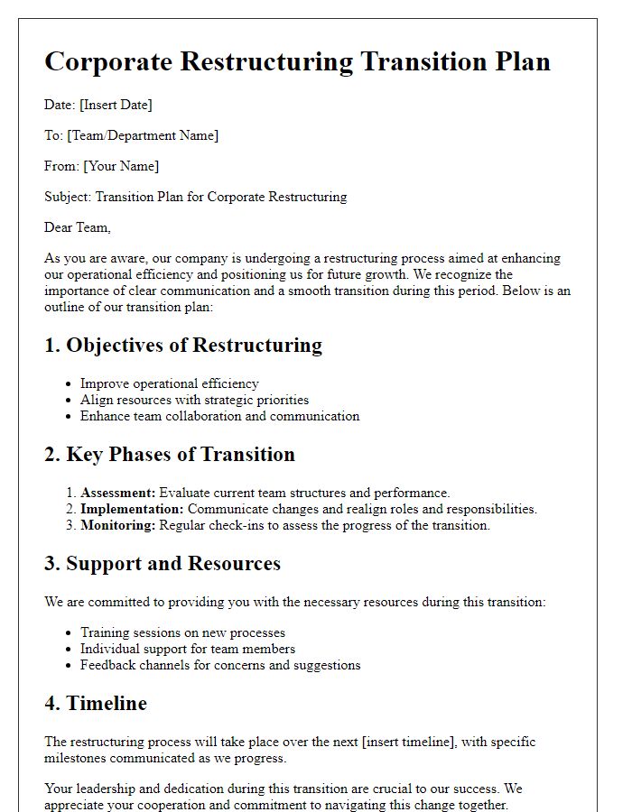 Letter template of corporate restructuring transition plan for teams