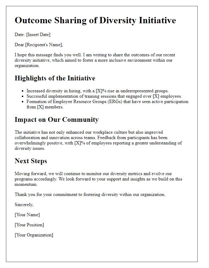 Letter template of diversity initiative outcome sharing.