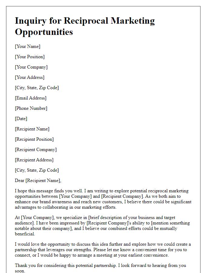 Letter template of inquiry for reciprocal marketing opportunities