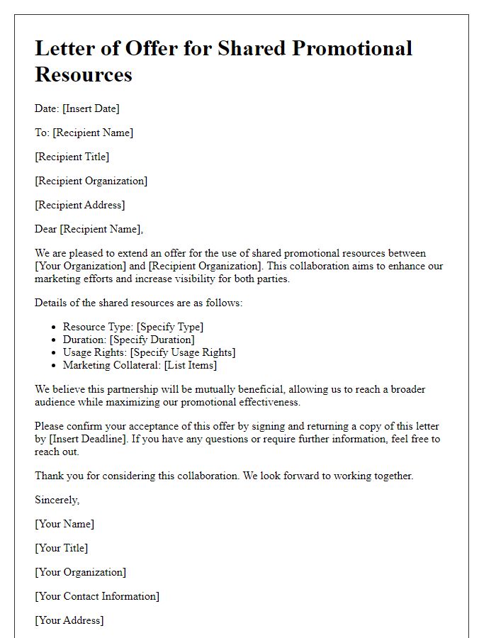 Letter template of offer for shared promotional resources