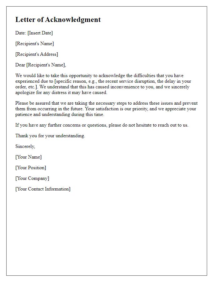 Letter template of acknowledgment for the difficulties caused.