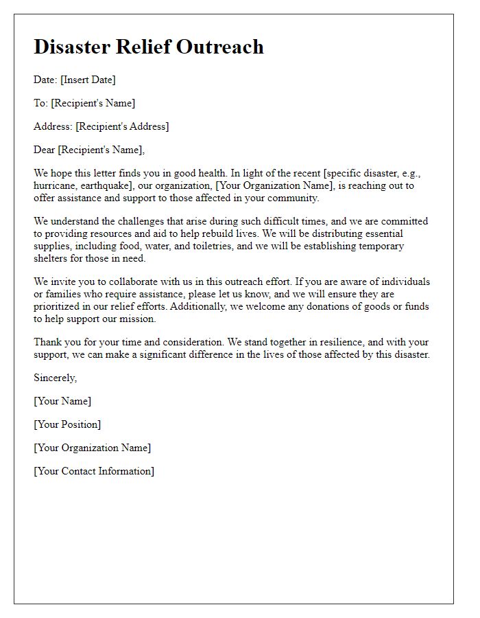 Letter template of disaster relief outreach