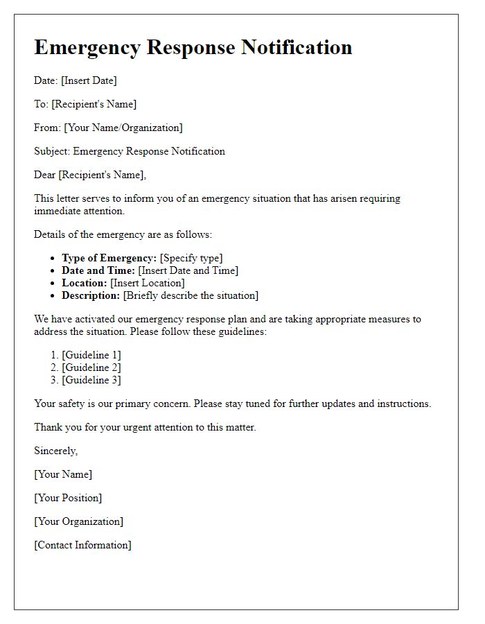 Letter template of emergency response notification