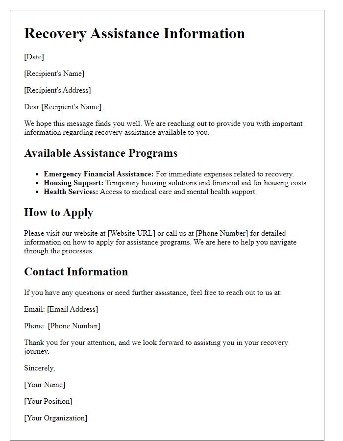 Letter template of recovery assistance information