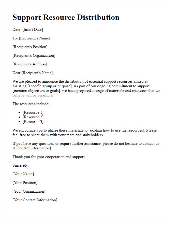 Letter template of support resource distribution