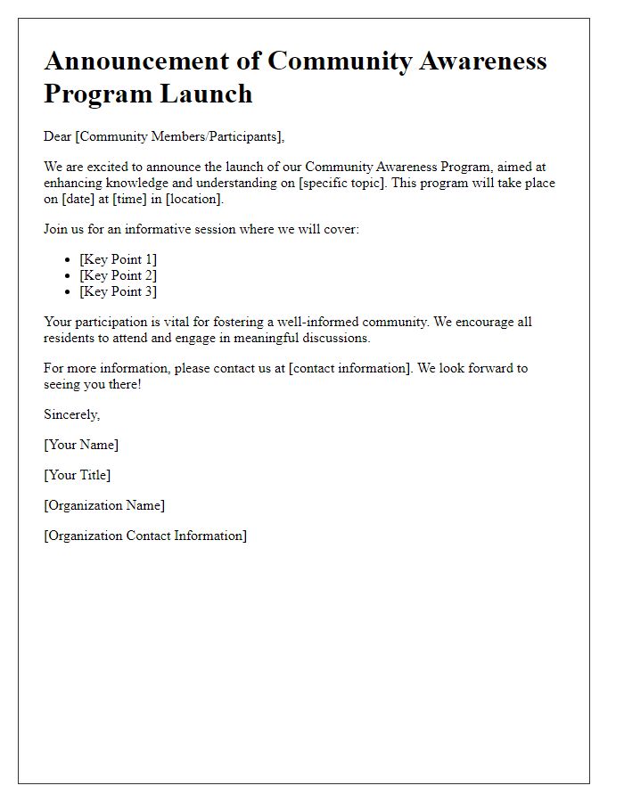 Letter template of launch announcement for community awareness program