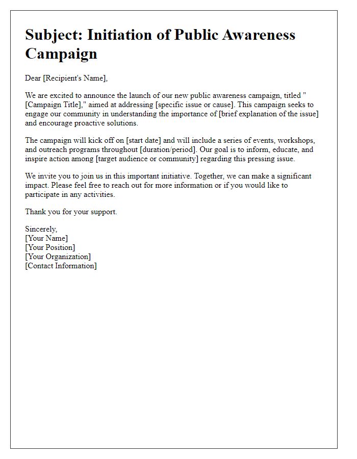 Letter template of public awareness campaign initiation