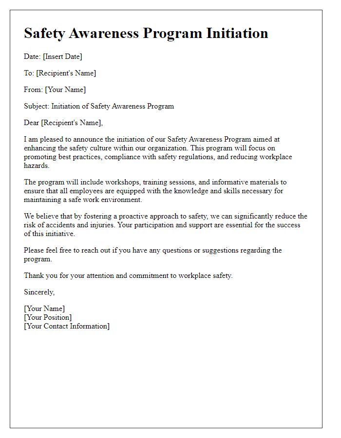 Letter template of safety awareness program initiation