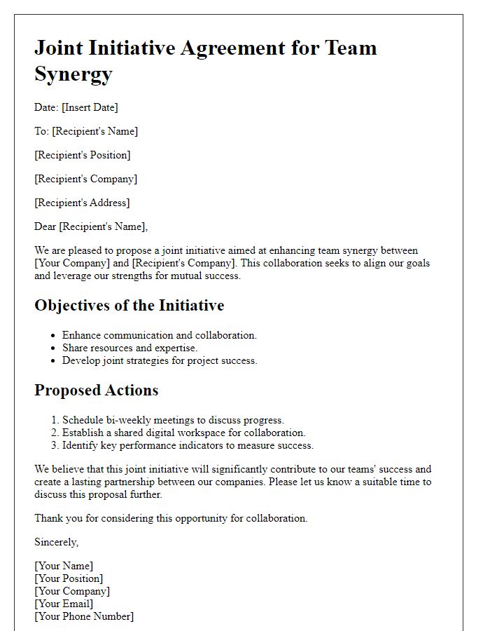 Letter template of joint initiative agreement for team synergy