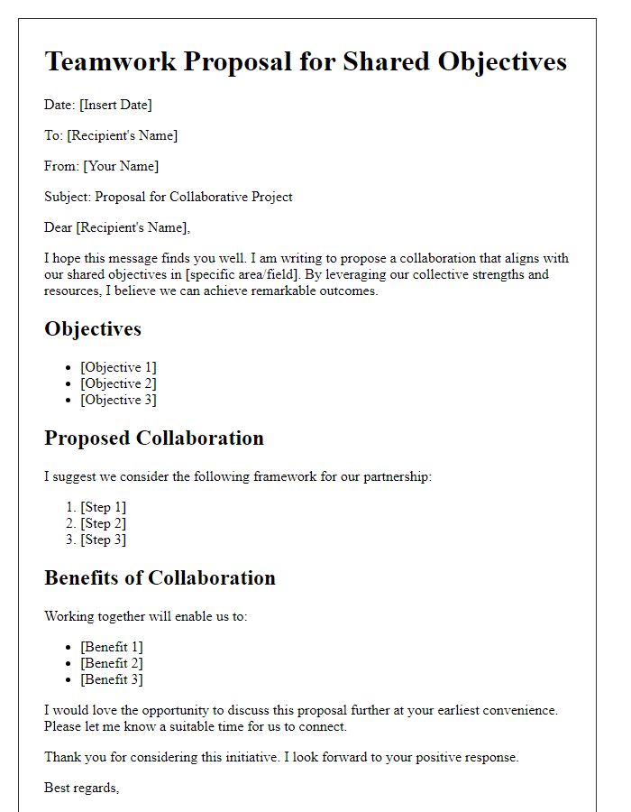 Letter template of teamwork proposal for shared objectives