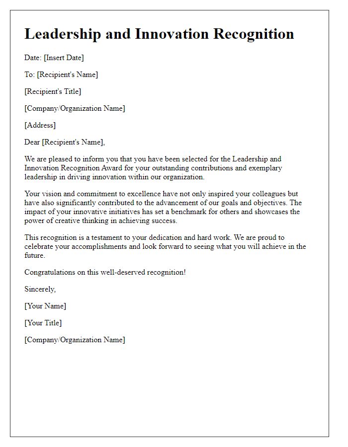 Letter template of leadership and innovation recognition