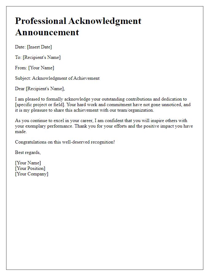 Letter template of professional acknowledgment announcement