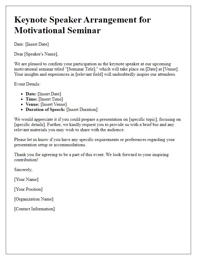 Letter template of keynote speaker arrangement for motivational seminar