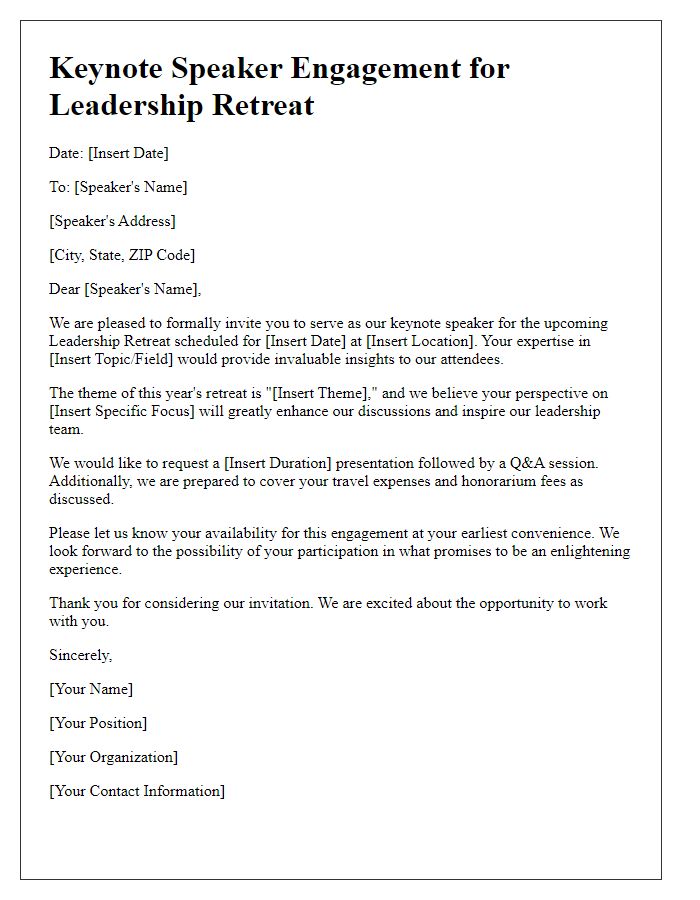 Letter template of keynote speaker engagement for leadership retreat