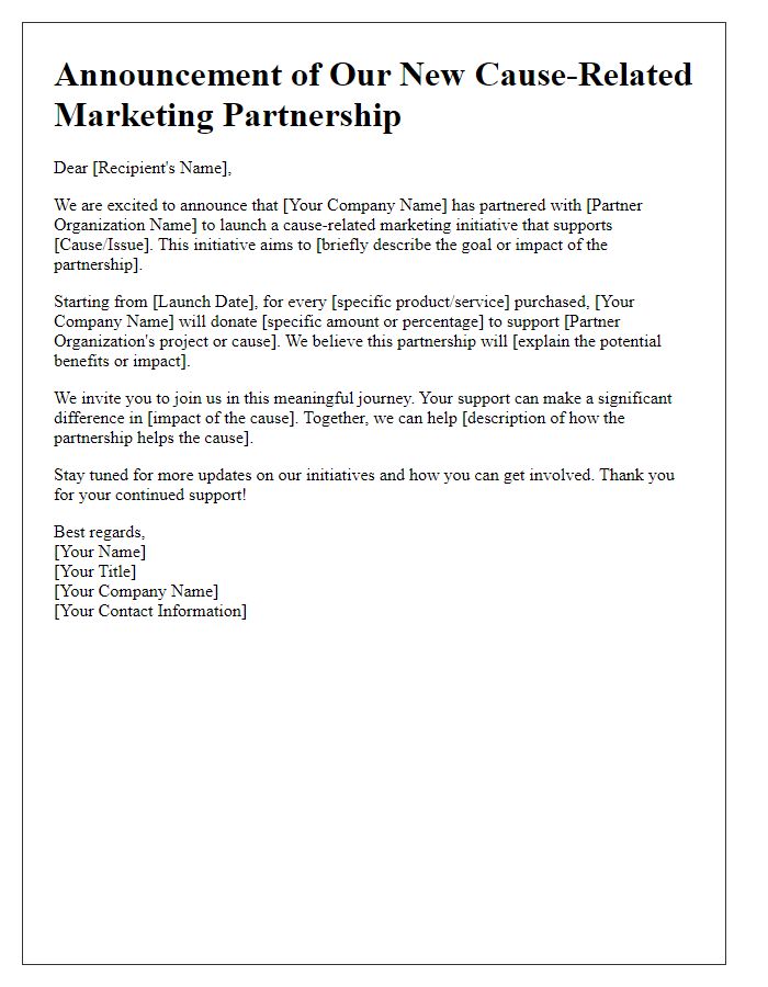 Letter template of announcement for cause-related marketing partnership launch