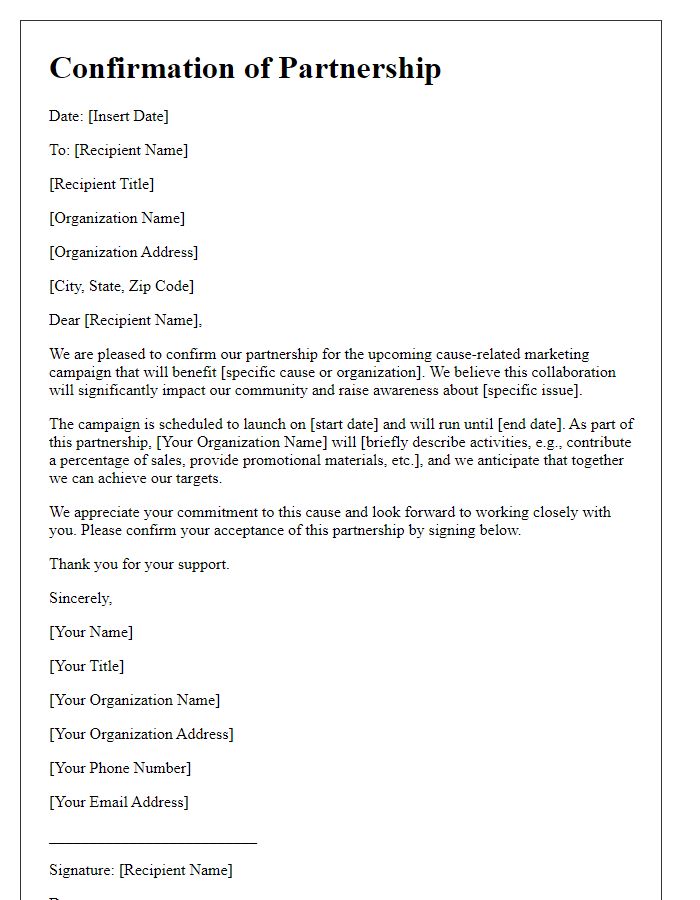 Letter template of confirmation for cause-related marketing association