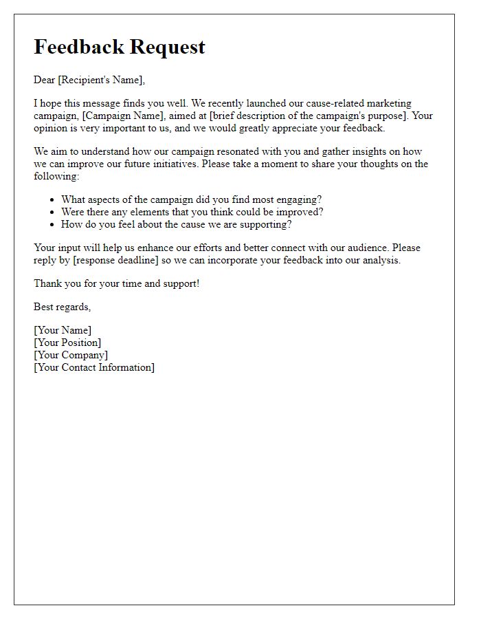 Letter template of feedback request for cause-related marketing campaign