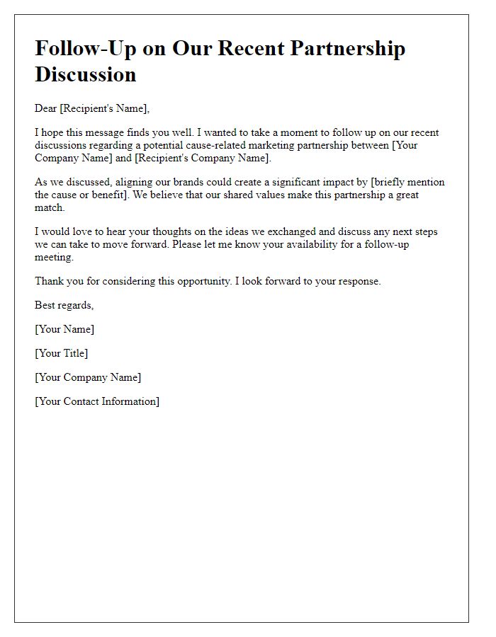 Letter template of follow-up for cause-related marketing partnership discussions