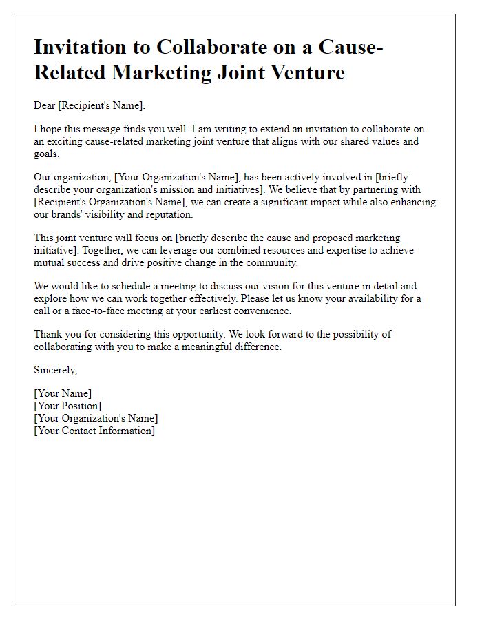 Letter template of invitation for cause-related marketing joint venture