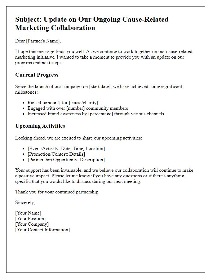 Letter template of update for ongoing cause-related marketing collaboration