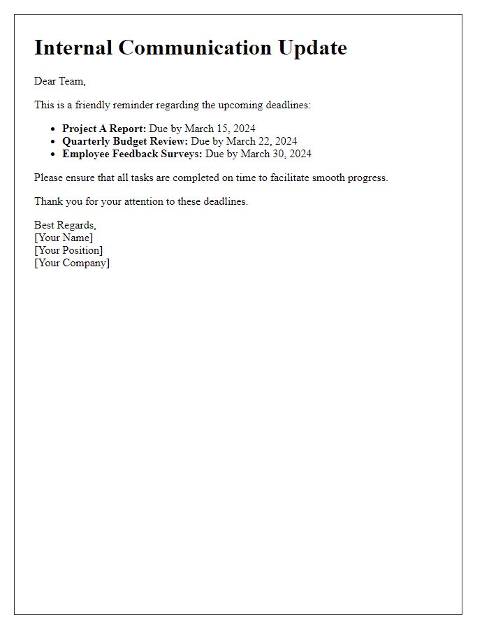 Letter template of internal communication update for deadline reminders