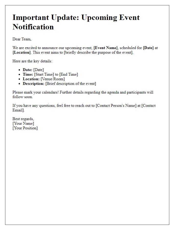 Letter template of internal communication update for event notifications