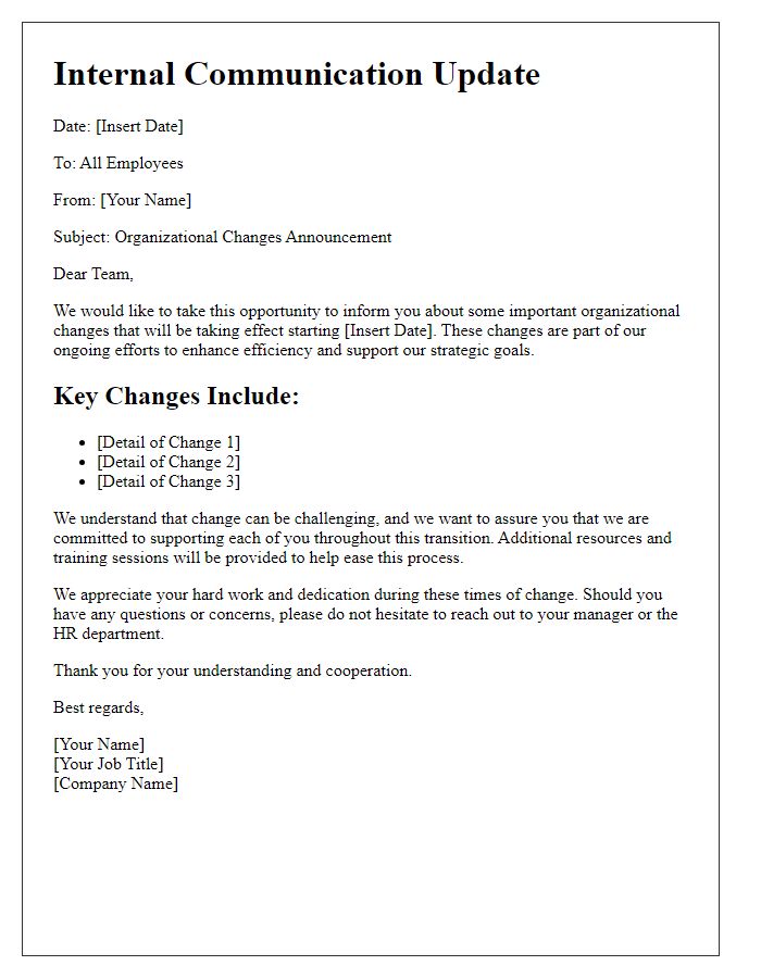 Letter template of internal communication update for organizational changes