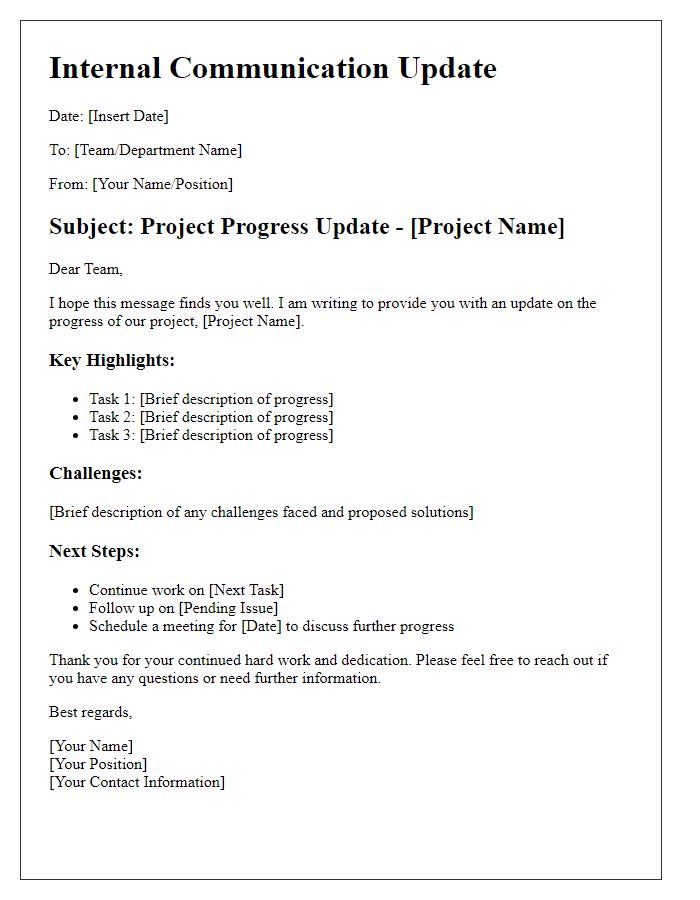 Letter template of internal communication update for project progress