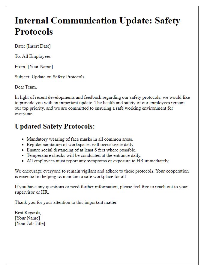 Letter template of internal communication update for safety protocols