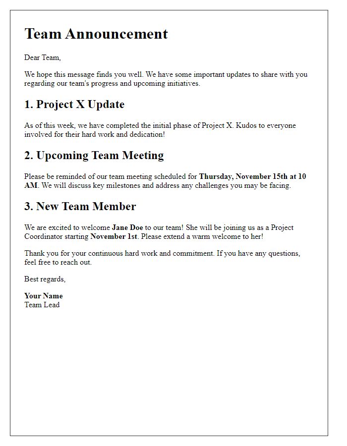 Letter template of internal communication update for team announcements