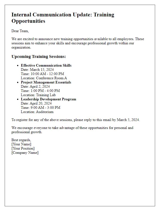 Letter template of internal communication update for training opportunities