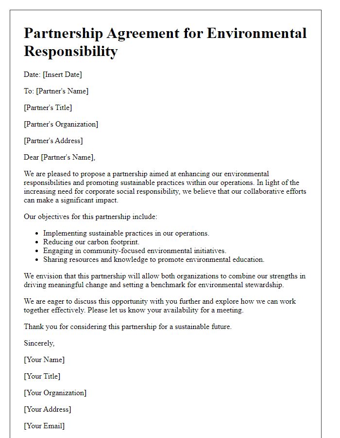 Letter template of partnership for environmental responsibility