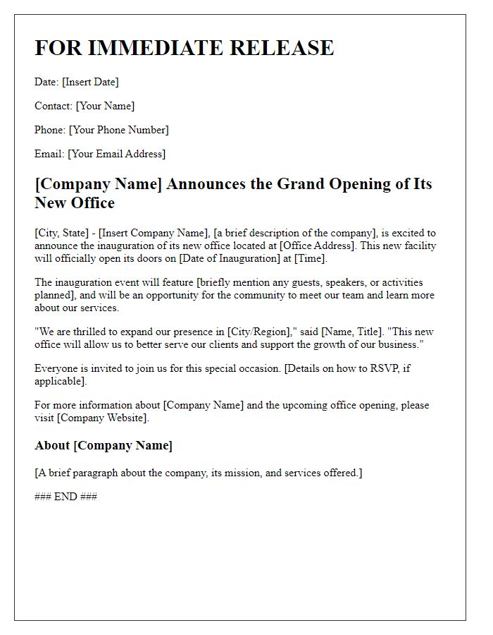 Letter template of press release for new office inauguration.