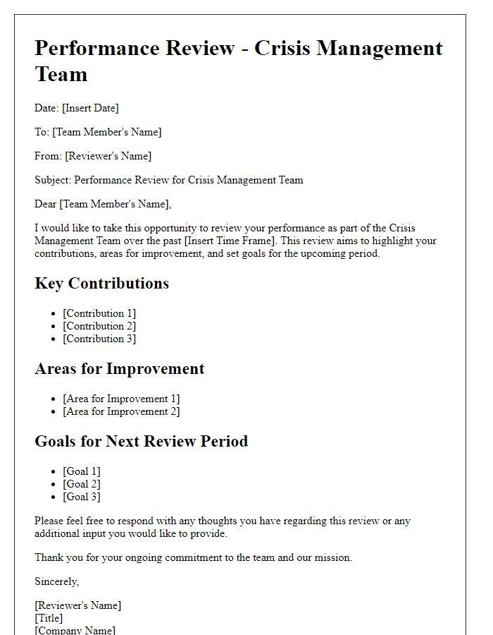 Letter template of crisis management team performance review