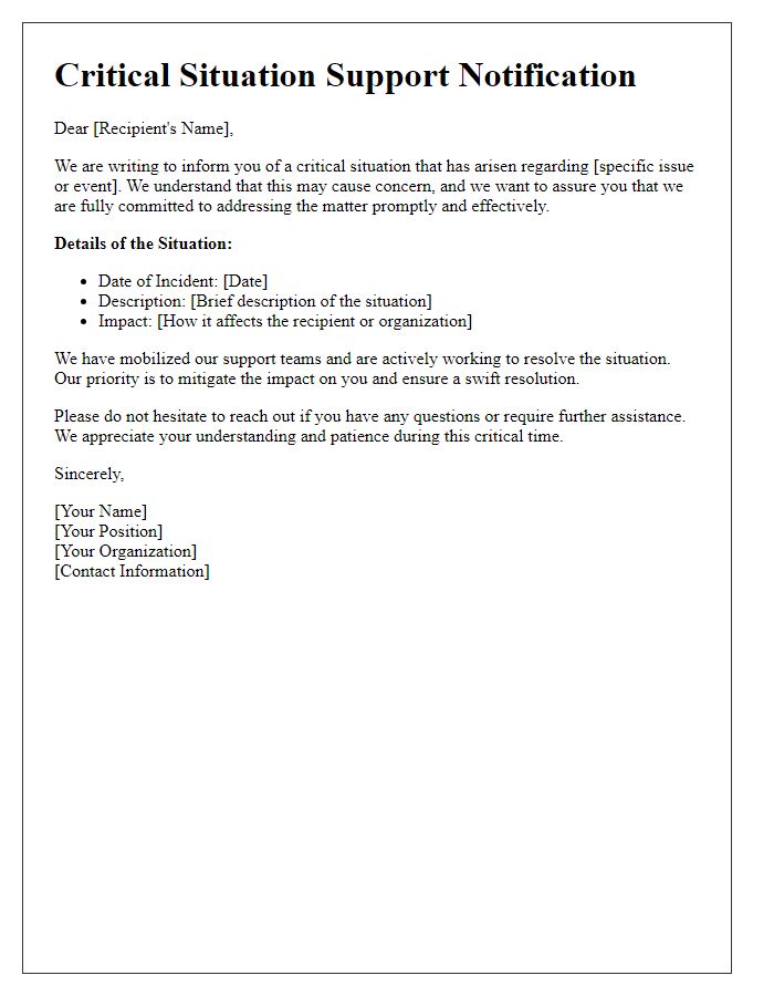 Letter template of critical situation support notification