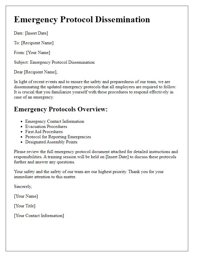 Letter template of emergency protocol dissemination