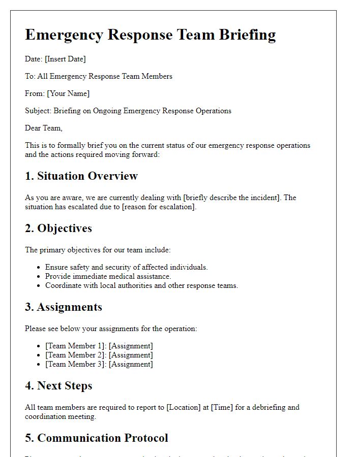 Letter template of emergency response team briefing communication