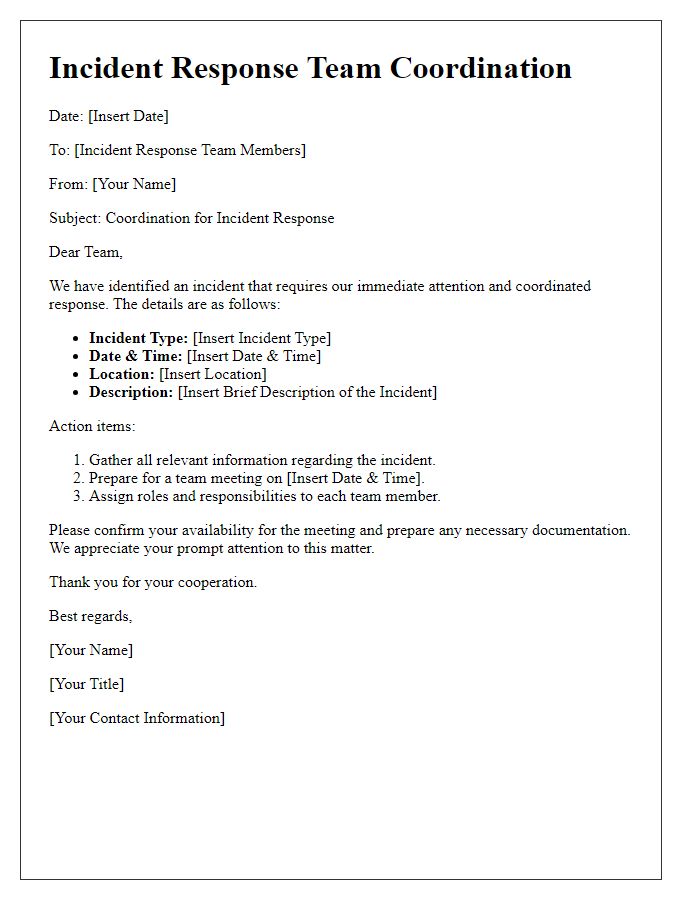 Letter template of incident response team coordination message