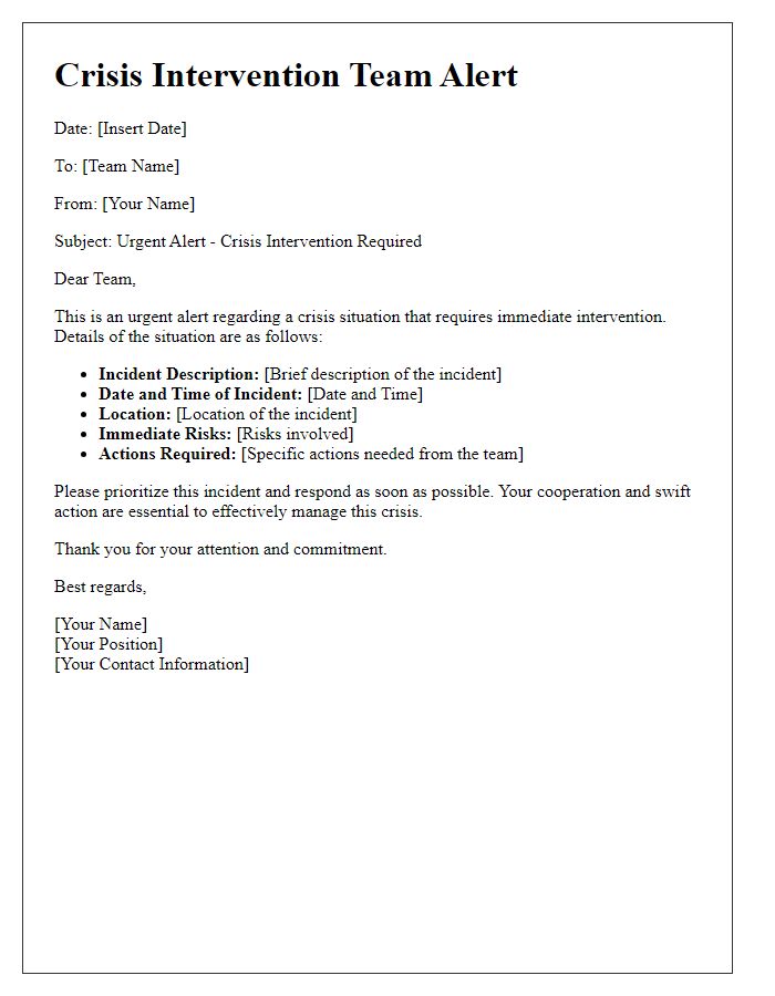 Letter template of team alert for crisis intervention