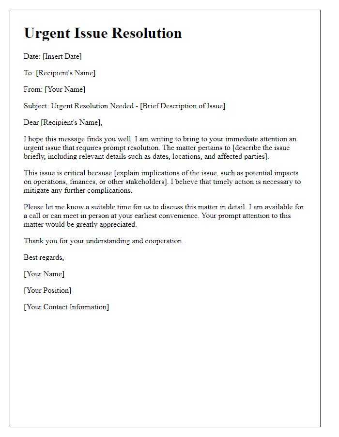 Letter template of urgent issue resolution communication